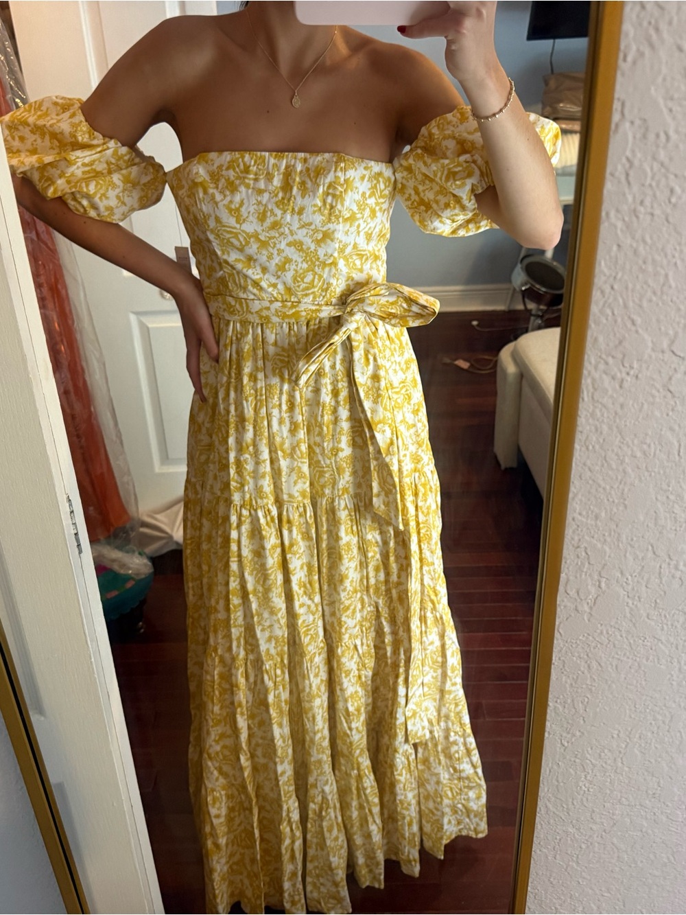 Aqua Yellow Floral Off-Shoulder Maxi Dress with Tie Waist - Picture 2 of 6